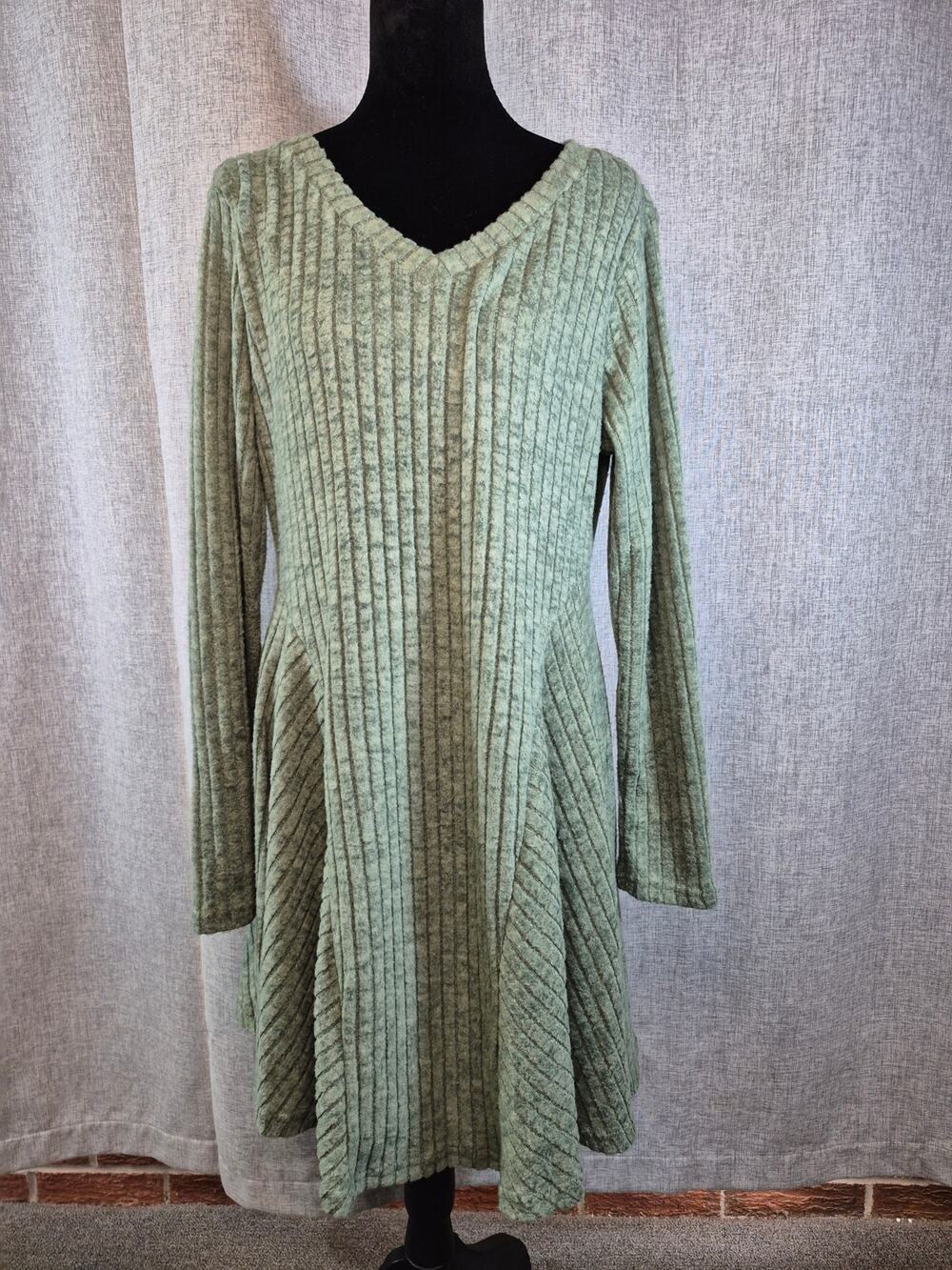 ANRABESS XL Sage Green Ribbed Sweater Dress Soft Knit V Neck Long Sleeve NWT